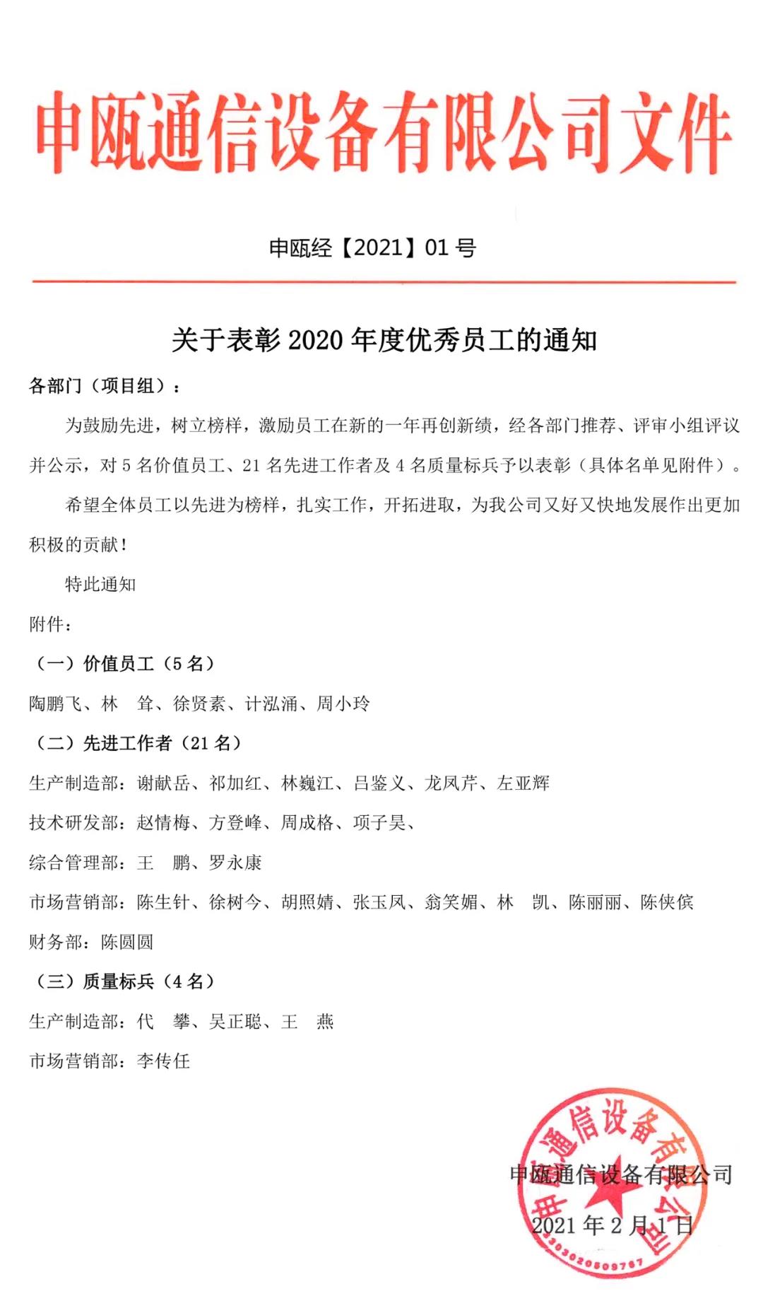 申瓯通信2020年度申瓯通信优秀员工表彰大会 申瓯通信2020年度申瓯通信优秀员工表彰大会